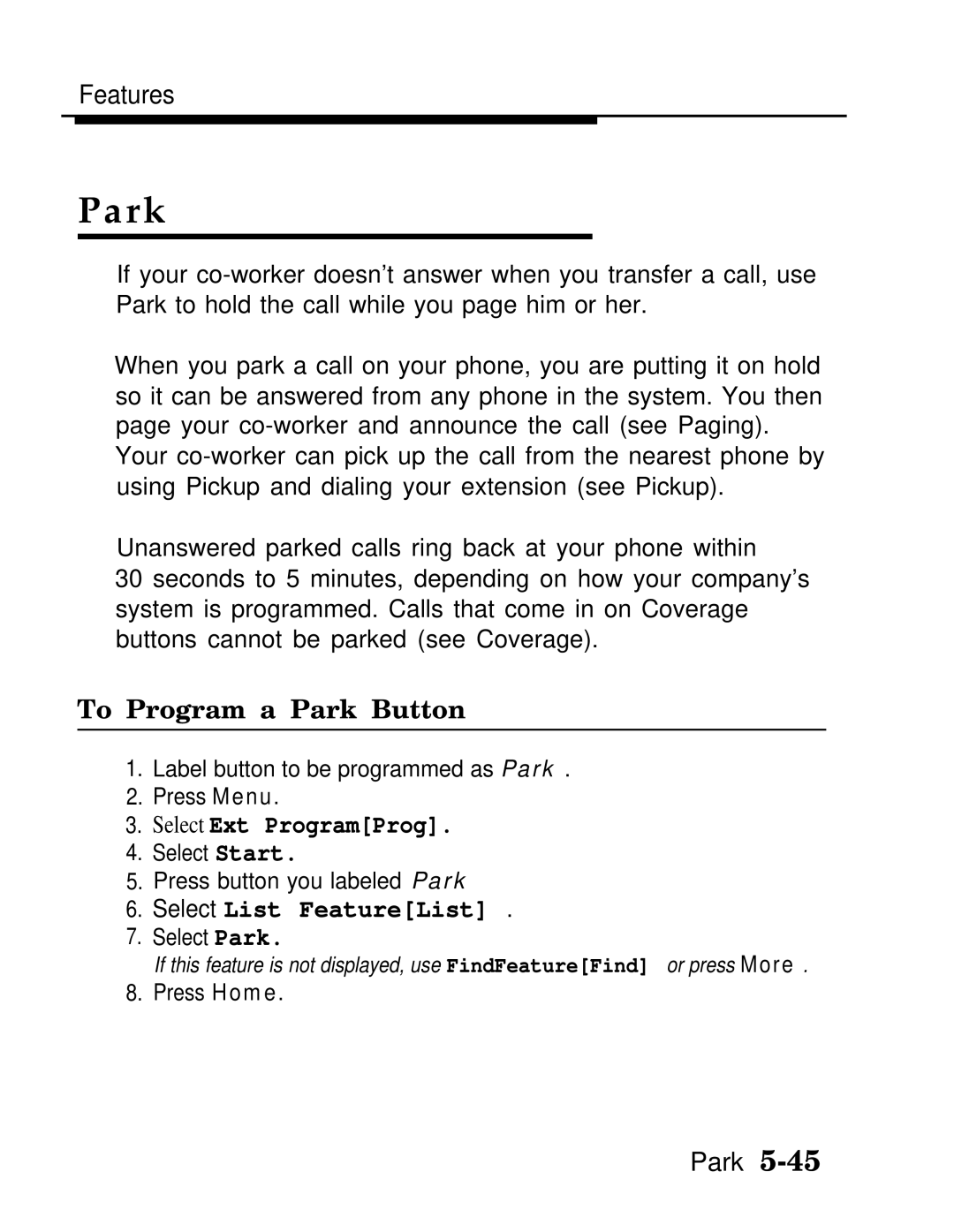 AT&T MLX20L, MLX-28D, MLX-10D manual To Program a Park Button, Select List FeatureList 