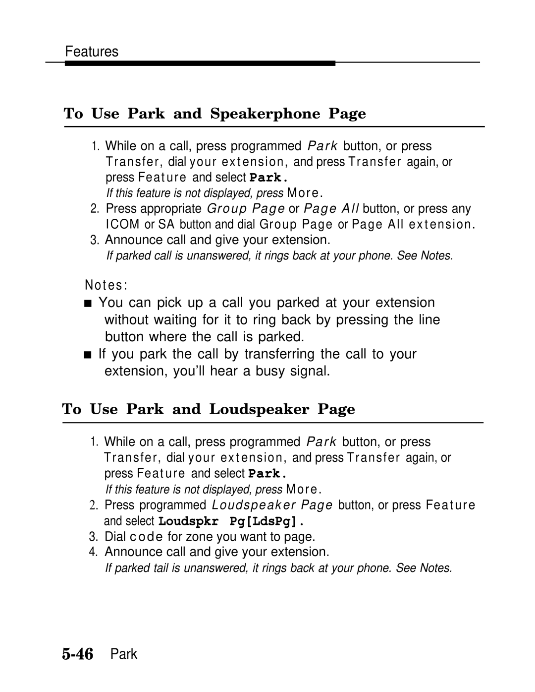 AT&T MLX-28D, MLX20L, MLX-10D manual To Use Park and Speakerphone, To Use Park and Loudspeaker 