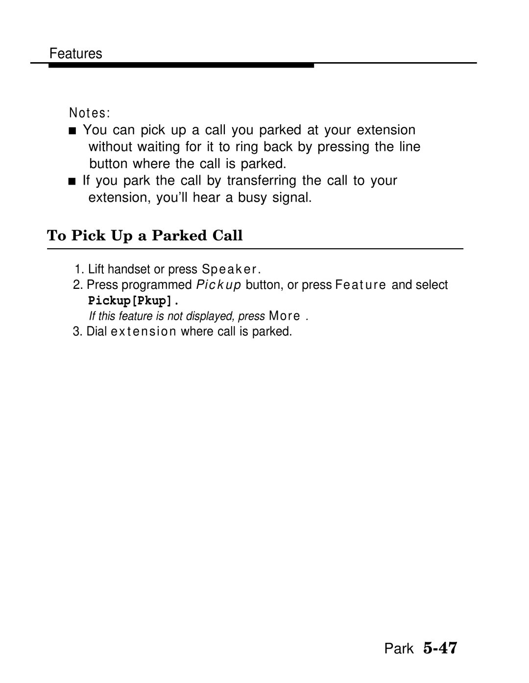 AT&T MLX-10D, MLX20L, MLX-28D manual To Pick Up a Parked Call, PickupPkup 