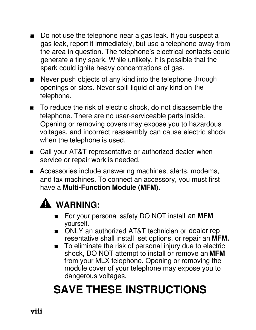 AT&T MLX20L, MLX-28D, MLX-10D manual Viii 