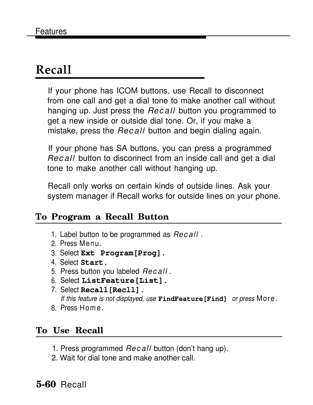 AT&T MLX20L, MLX-28D, MLX-10D manual To Program a Recall Button, Select ListFeatureList Select RecallRecll, To Use Recall 