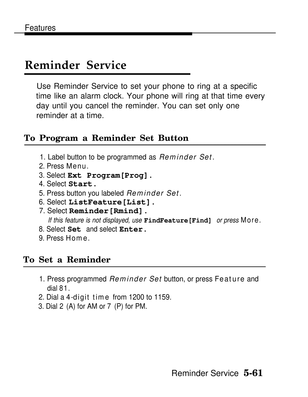 AT&T MLX-28D, MLX20L manual Reminder Service, To Program a Reminder Set Button, Select ListFeatureList Select ReminderRmind 