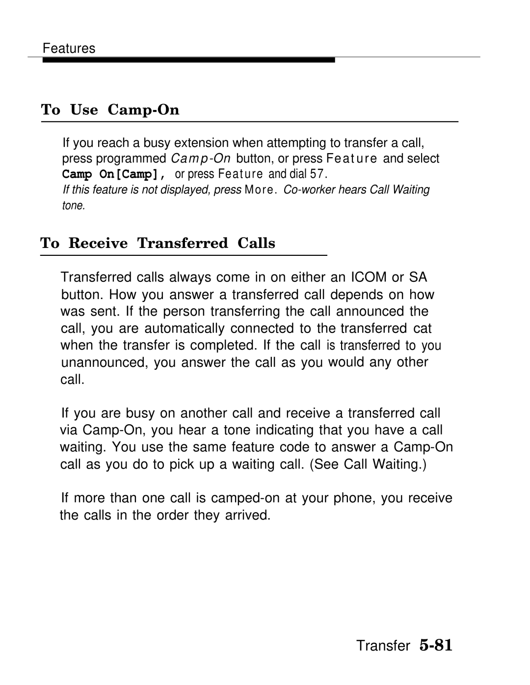 AT&T MLX20L, MLX-28D, MLX-10D manual To Use Camp-On, To Receive Transferred Calls 