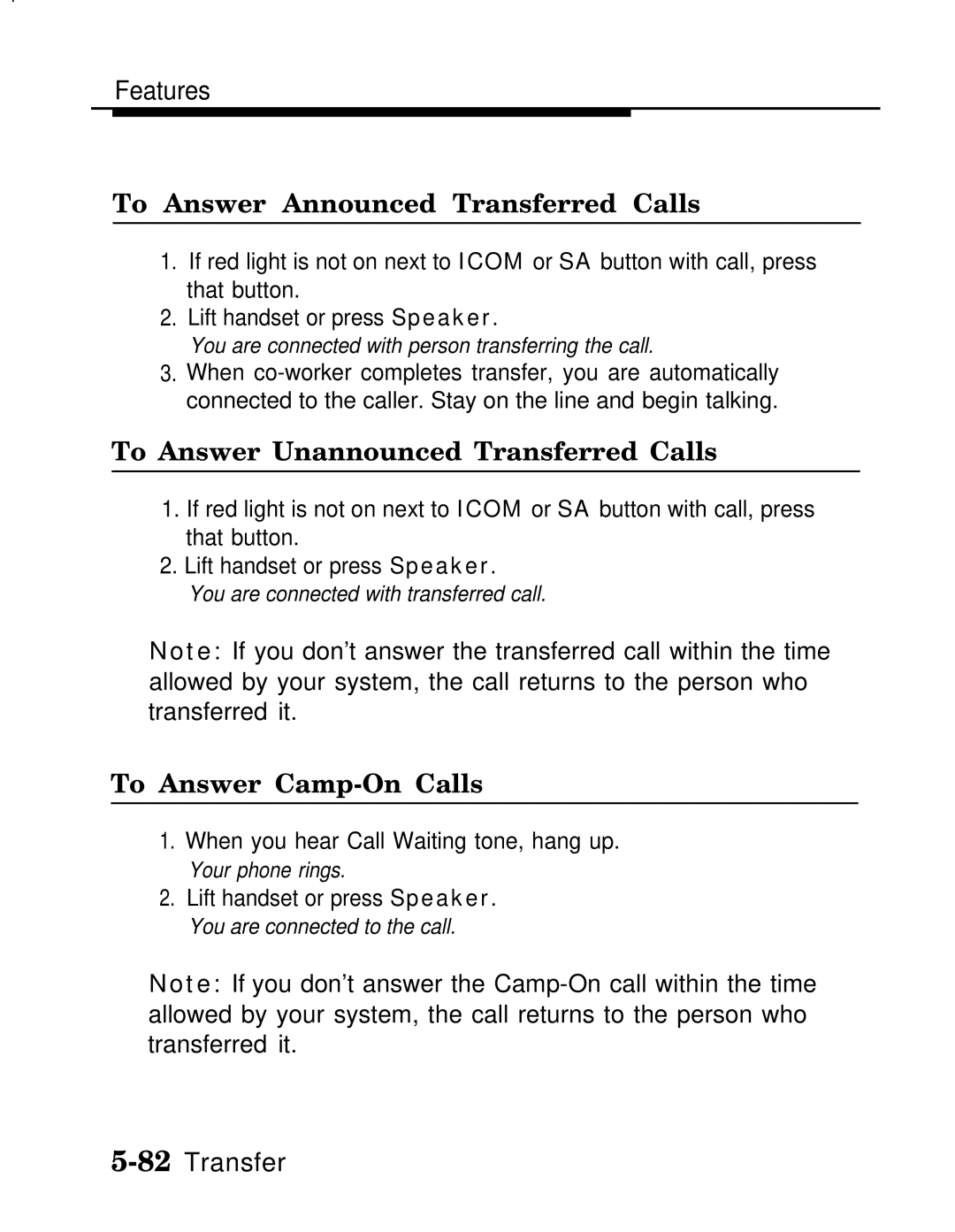 AT&T MLX-28D manual To Answer Announced Transferred Calls, To Answer Unannounced Transferred Calls, To Answer Camp-On Calls 