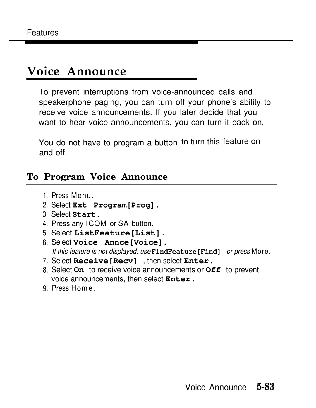 AT&T MLX-10D, MLX20L, MLX-28D manual To Program Voice Announce, Select ListFeatureList Select Voice AnnceVoice 