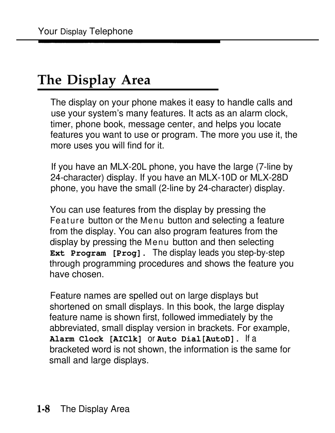 AT&T MLX-10D, MLX20L, MLX-28D manual Display Area 