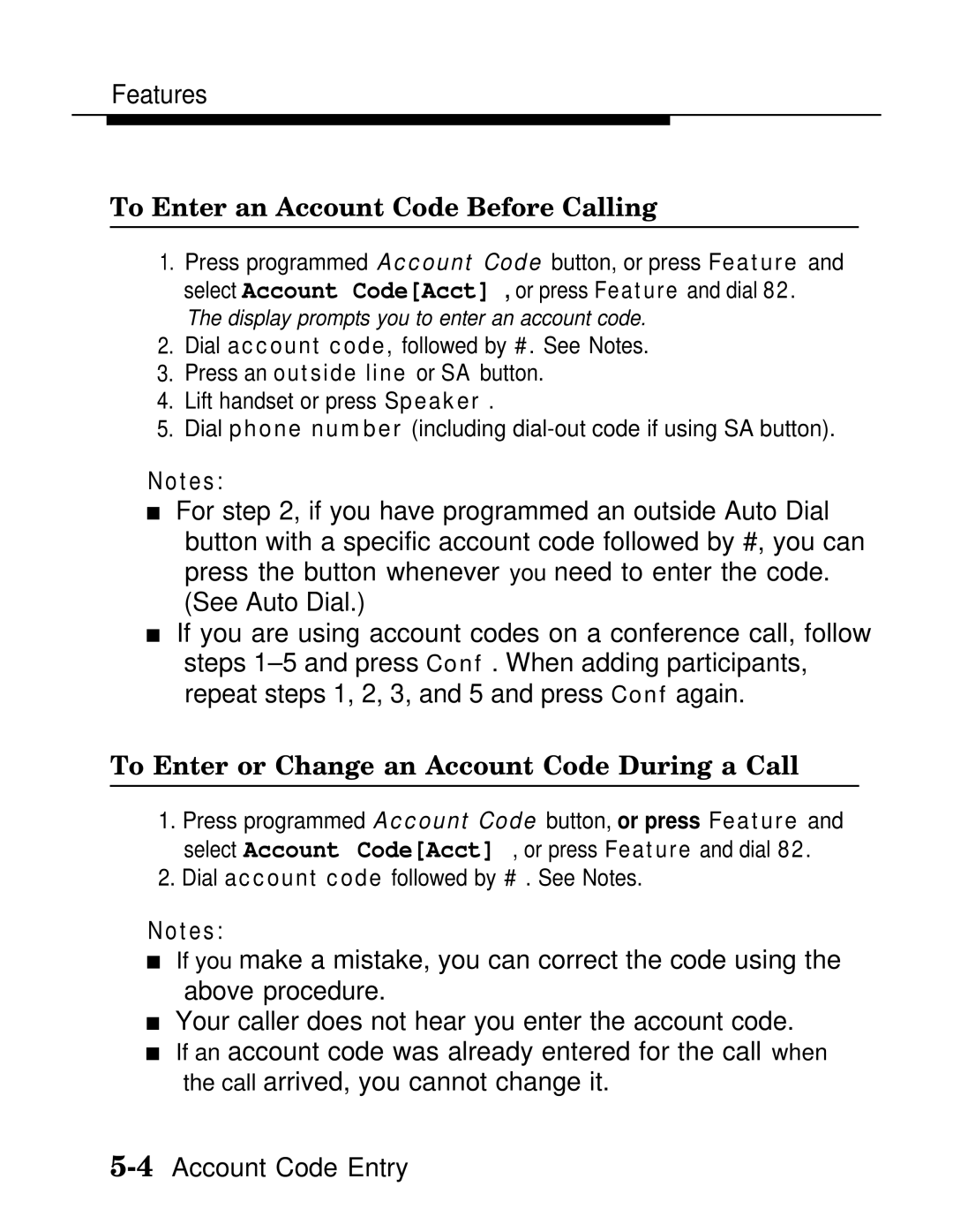 AT&T MLX-28D, MLX20L, MLX-10D To Enter an Account Code Before Calling, To Enter or Change an Account Code During a Call 