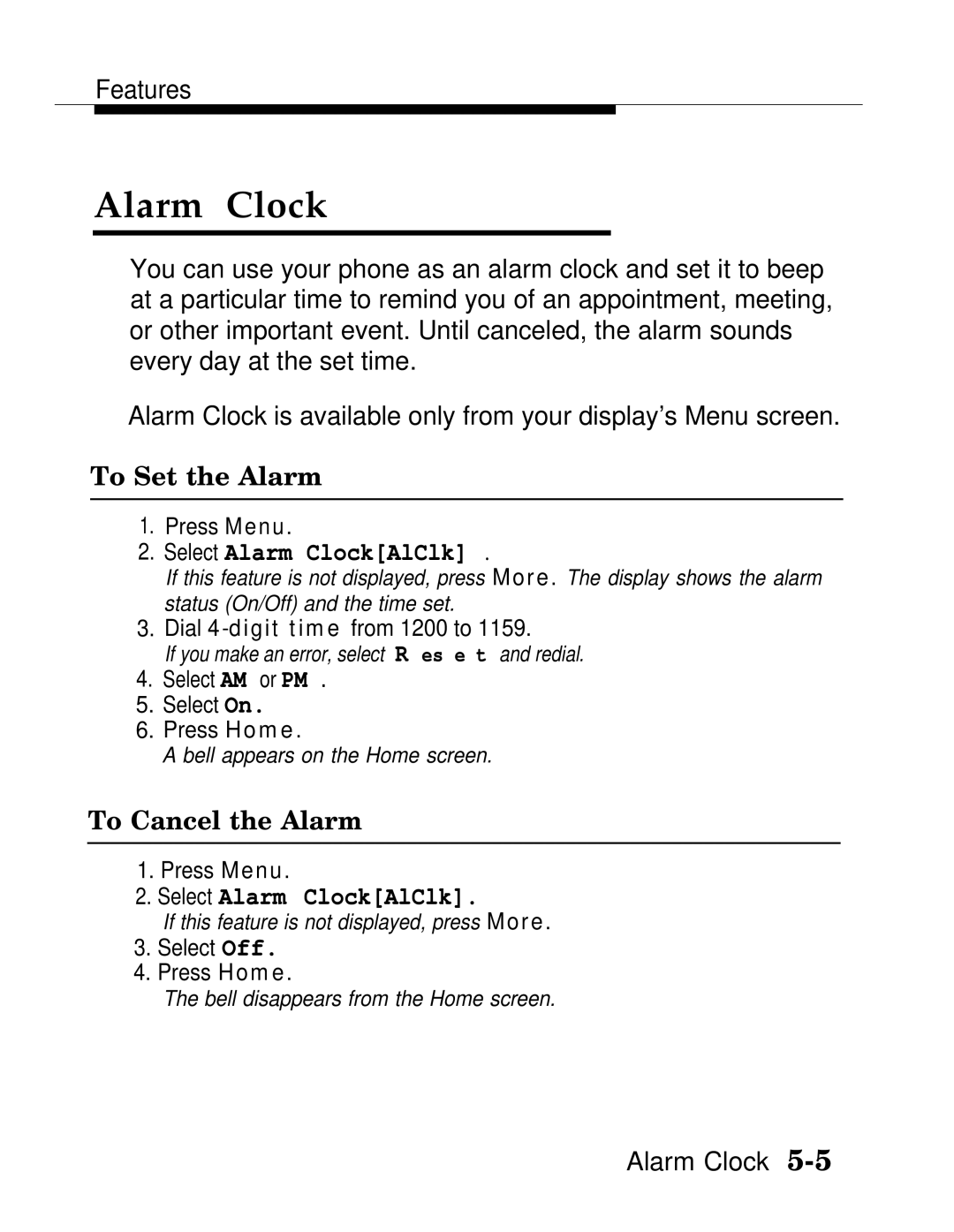 AT&T MLX-10D, MLX20L, MLX-28D manual To Set the Alarm, Select Alarm ClockAlClk, To Cancel the Alarm 