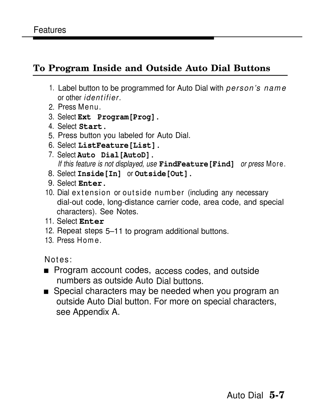 AT&T MLX-28D, MLX20L, MLX-10D To Program Inside and Outside Auto Dial Buttons, Select ListFeatureList Select Auto DialAutoD 