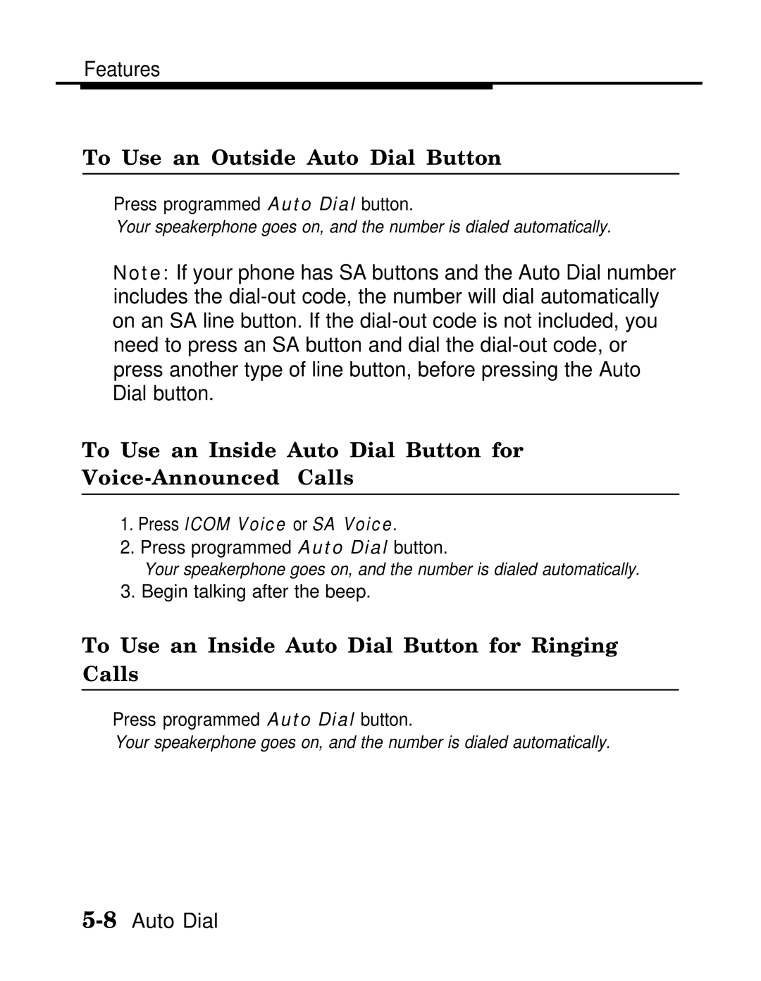 AT&T MLX-10D, MLX20L manual To Use an Outside Auto Dial Button, To Use an Inside Auto Dial Button for Voice-Announced Calls 