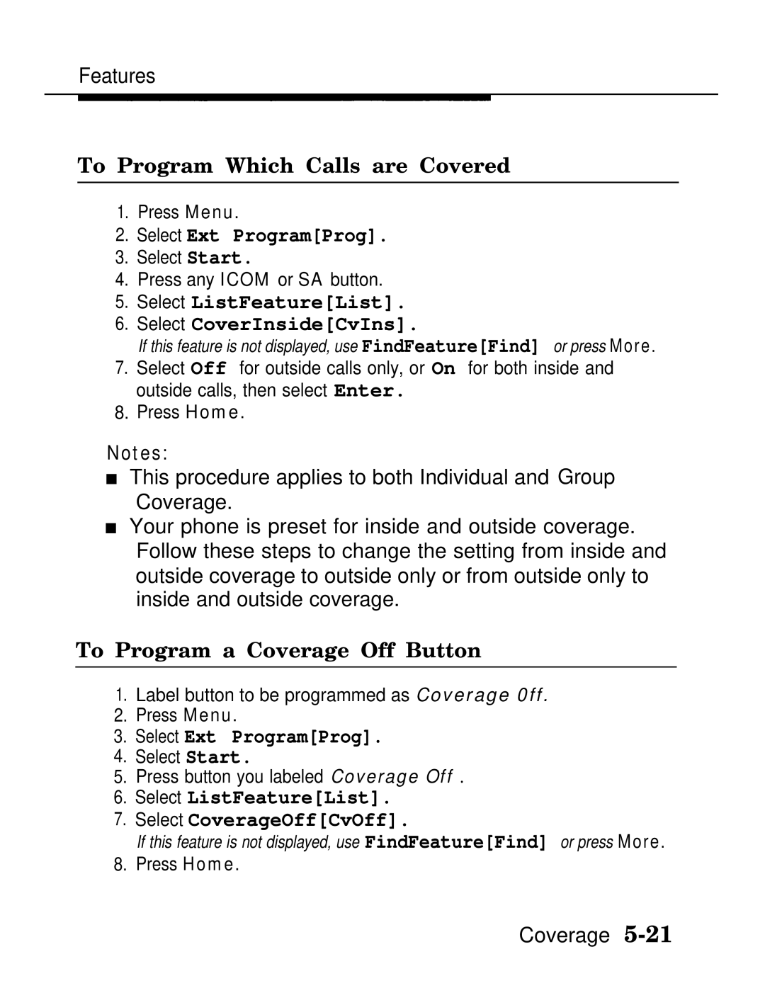 AT&T MLX20L, MLX-28D, MLX-10D manual To Program Which Calls are Covered, Select ListFeatureList Select CoverInsideCvIns 