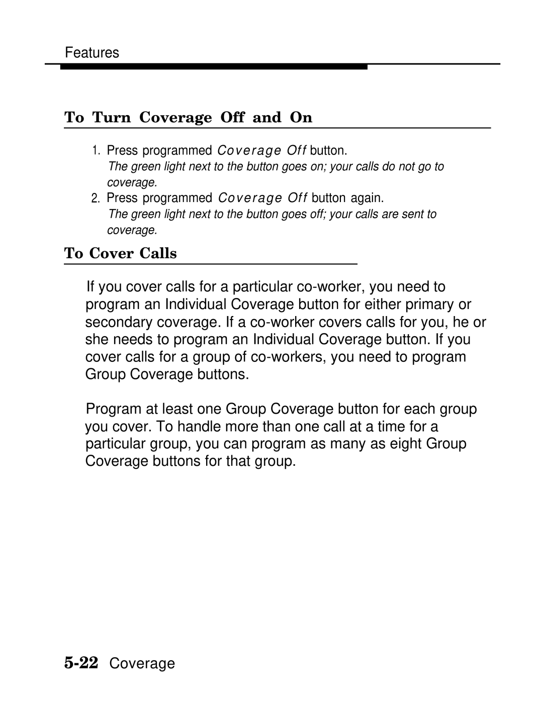 AT&T MLX-28D, MLX20L, MLX-10D manual To Turn Coverage Off and On, To Cover Calls 