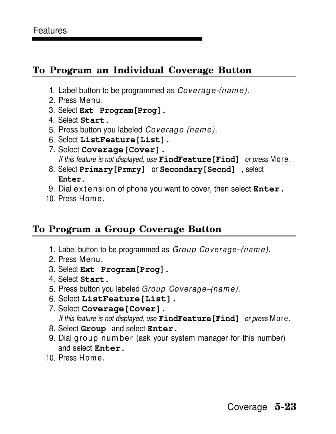 AT&T MLX-10D, MLX20L, MLX-28D manual To Program an Individual Coverage Button, Select ListFeatureList Select CoverageCover 