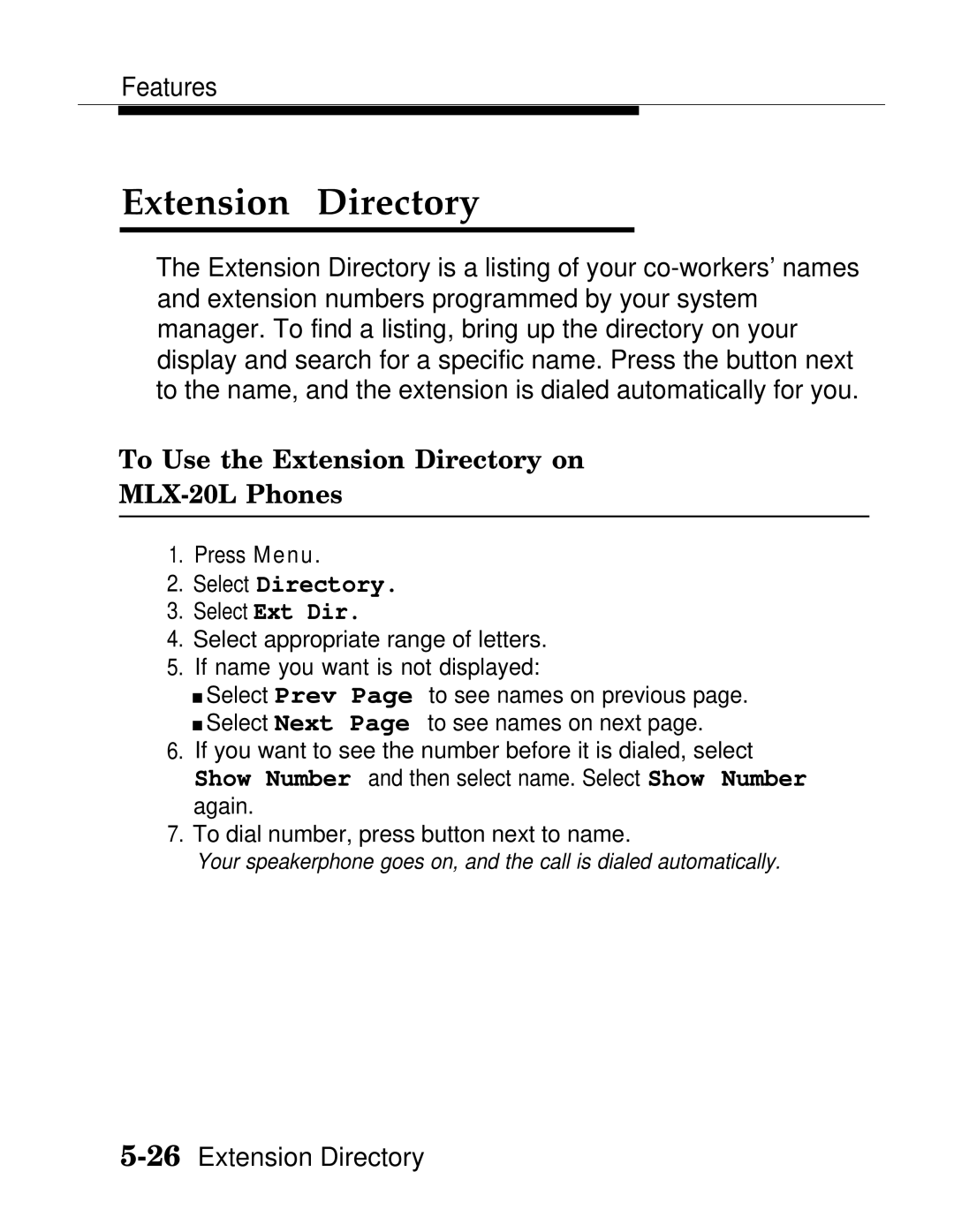 AT&T MLX-10D, MLX20L, MLX-28D manual To Use the Extension Directory on MLX-20L Phones, Select Directory Select Ext Dir 