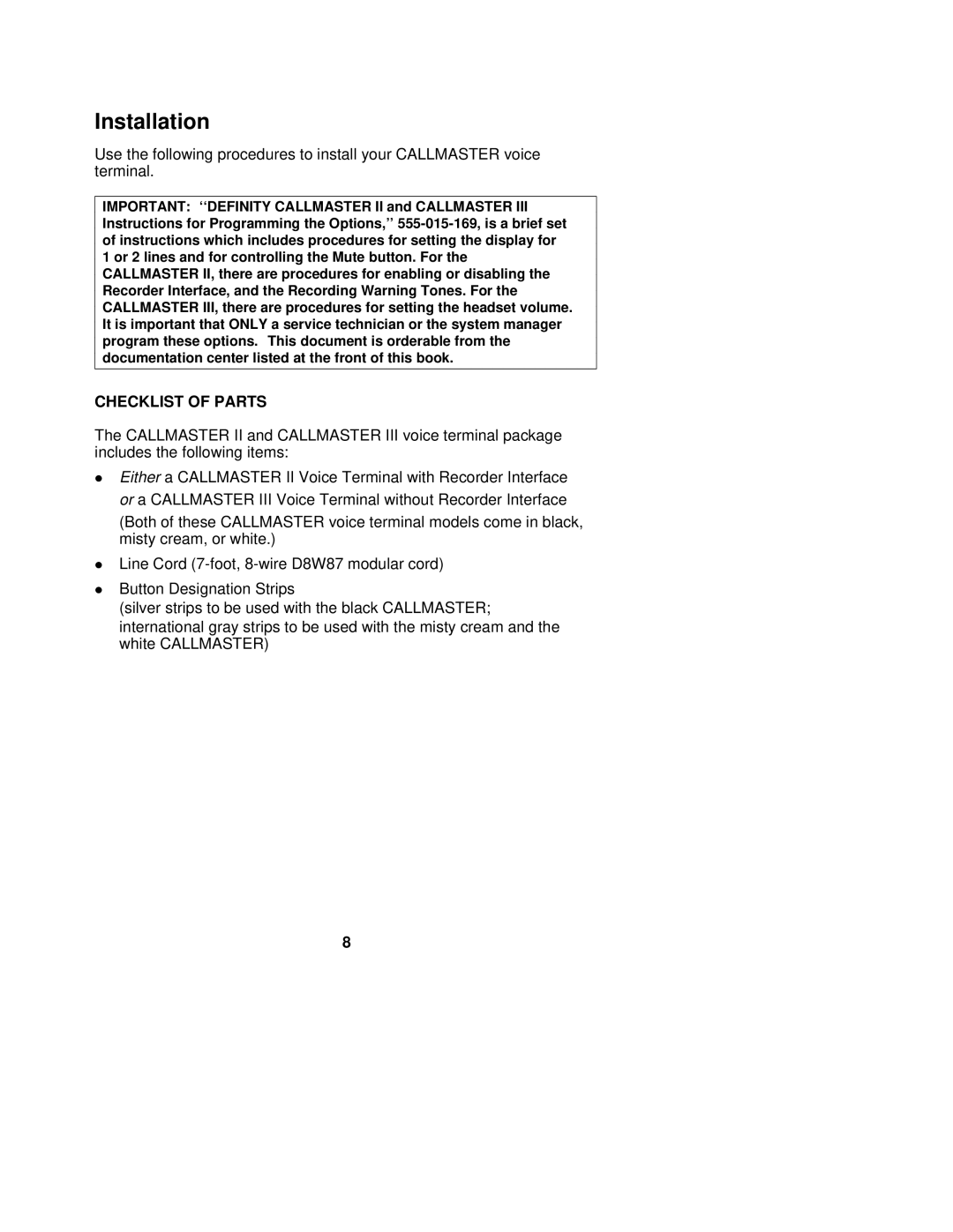 AT&T Not Availab installation instructions Installation, Checklist of Parts 