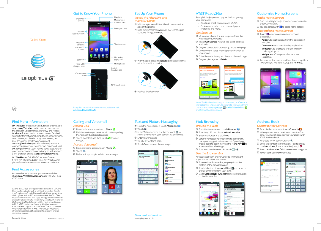 AT&T Optimus G quick start Find More Information, Find Accessories, Calling and Voicemail, Text and Picture Messaging 
