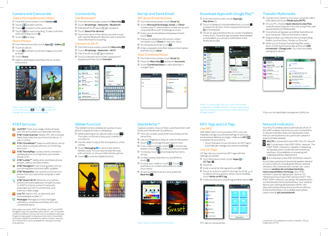 AT&T Optimus G Camera and Camcorder, Connectivity, Set Up and Send Email, Download Apps with Google Play, AT&T Services 