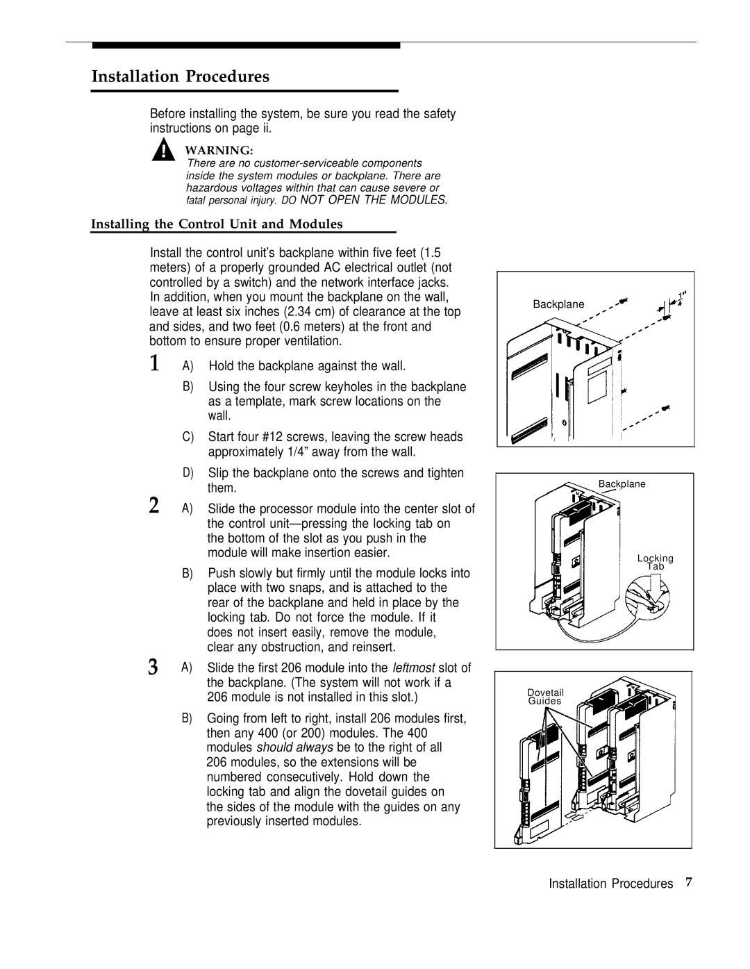 AT&T PARTNER Plus Communications System Release 3 manual Installation Procedures, Installing the Control Unit and Modules 