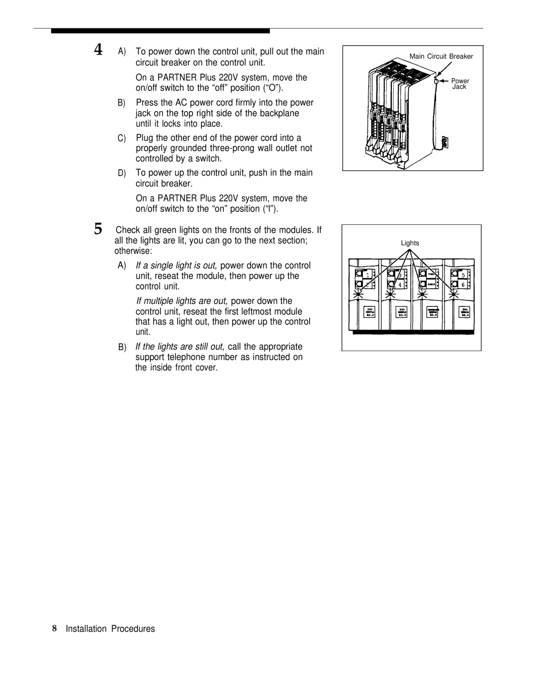 AT&T PARTNER Plus Communications System Release 3 manual Main Circuit Breaker Power Jack Lights 