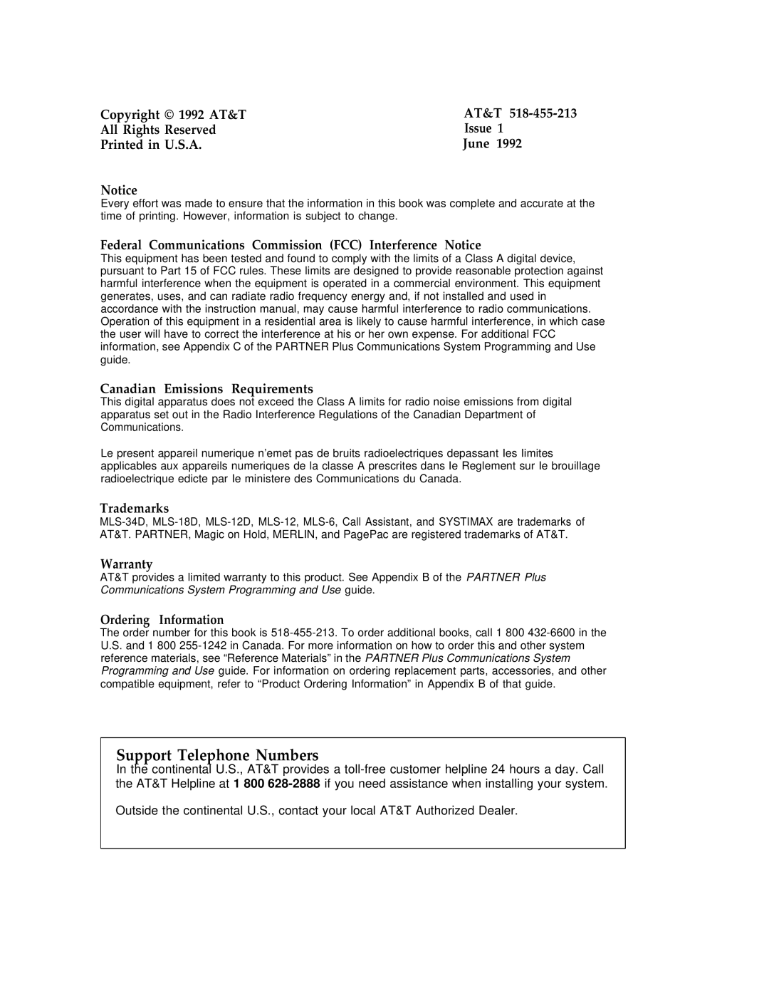 AT&T PARTNER Plus Communications System Release 3 Copyright 1992 AT&T All Rights Reserved Issue June, Trademarks, Warranty 