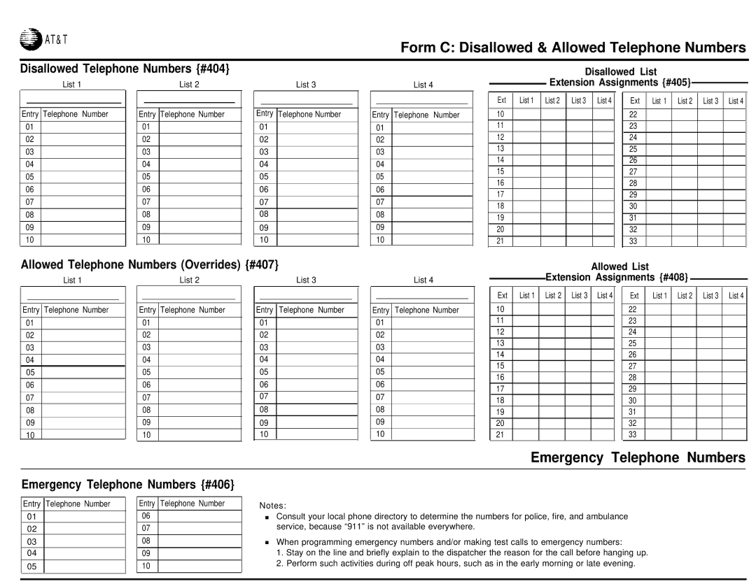 AT&T partner plus communications system Form C Disallowed & Allowed Telephone Numbers, Disallowed Telephone Numbers #404 