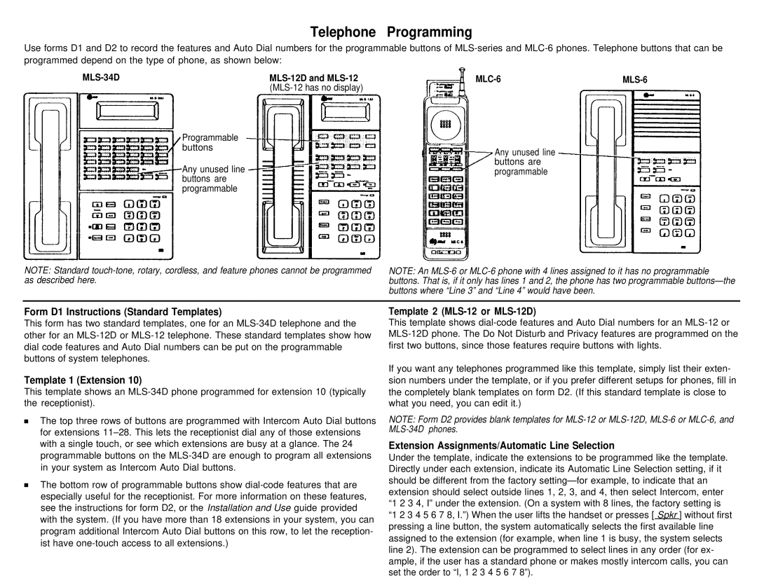 AT&T partner plus communications system manual Telephone Programming, Form D1 Instructions Standard Templates 