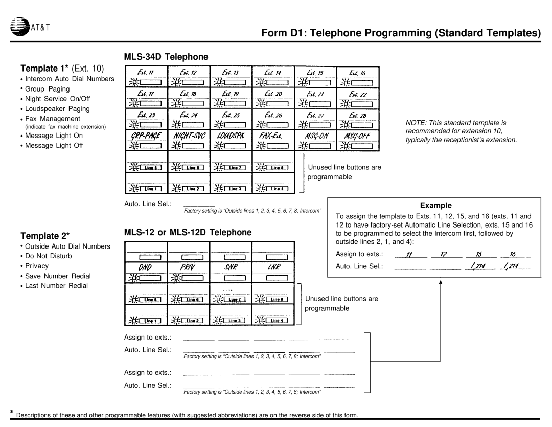 AT&T partner plus communications system Form D1 Telephone Programming Standard Templates, MLS-12 or MLS-12D Telephone 