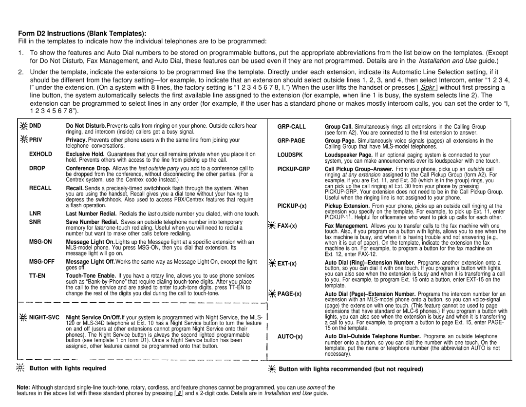 AT&T partner plus communications system manual Form D2 Instructions Blank Templates, Dnd 