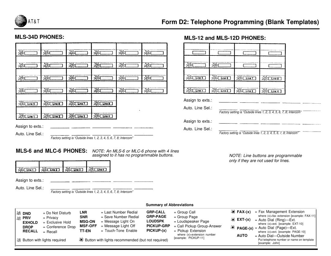 AT&T partner plus communications system manual Form D2 Telephone Programming Blank Templates, MLS-12 and MLS-12D Phones 