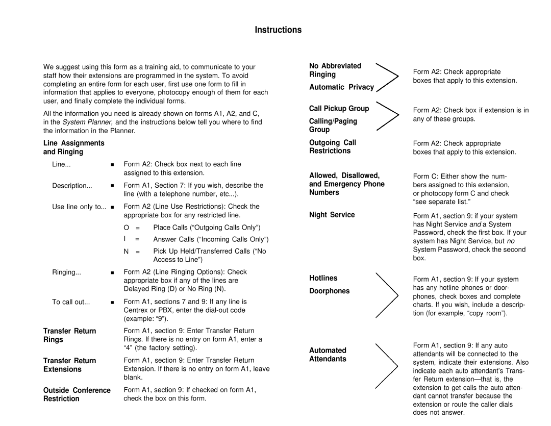 AT&T partner plus communications system manual Instructions, Line Assignments Ringing, Transfer Return Rings Extensions 