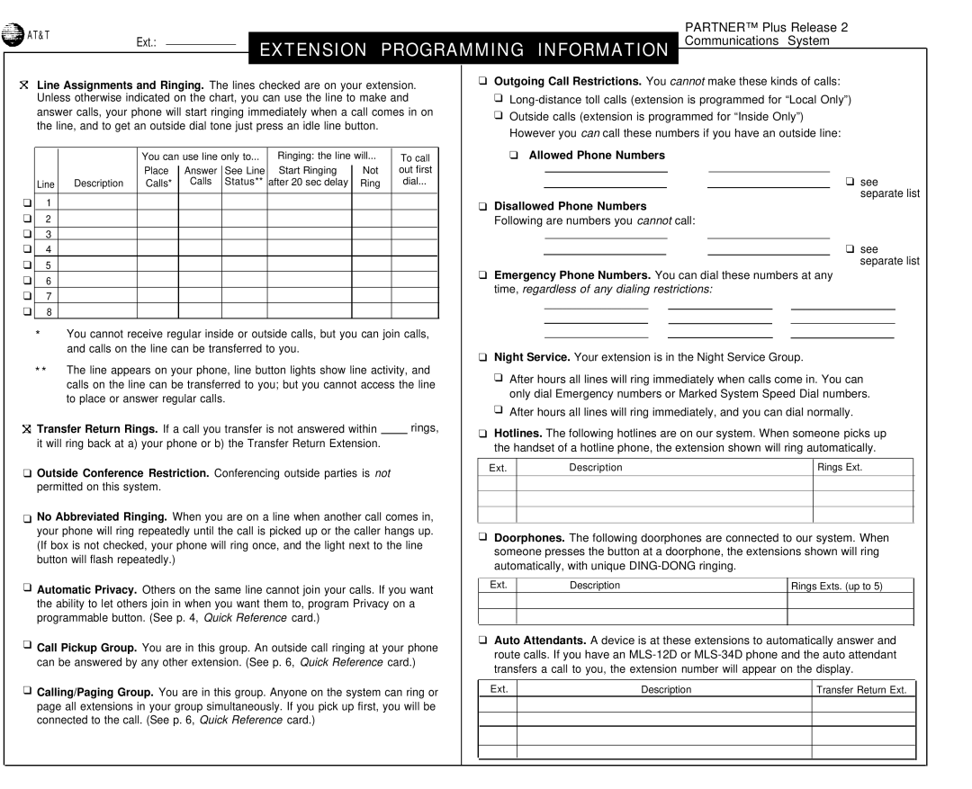 AT&T partner plus communications system manual Extension Programming Information 