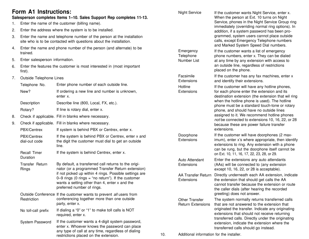 AT&T partner plus communications system manual Form A1 Instructions 