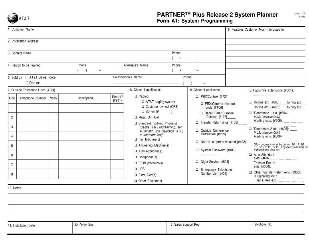 AT&T partner plus communications system manual Partner Plus Release 2 System Planner, Form A1 System Programming 