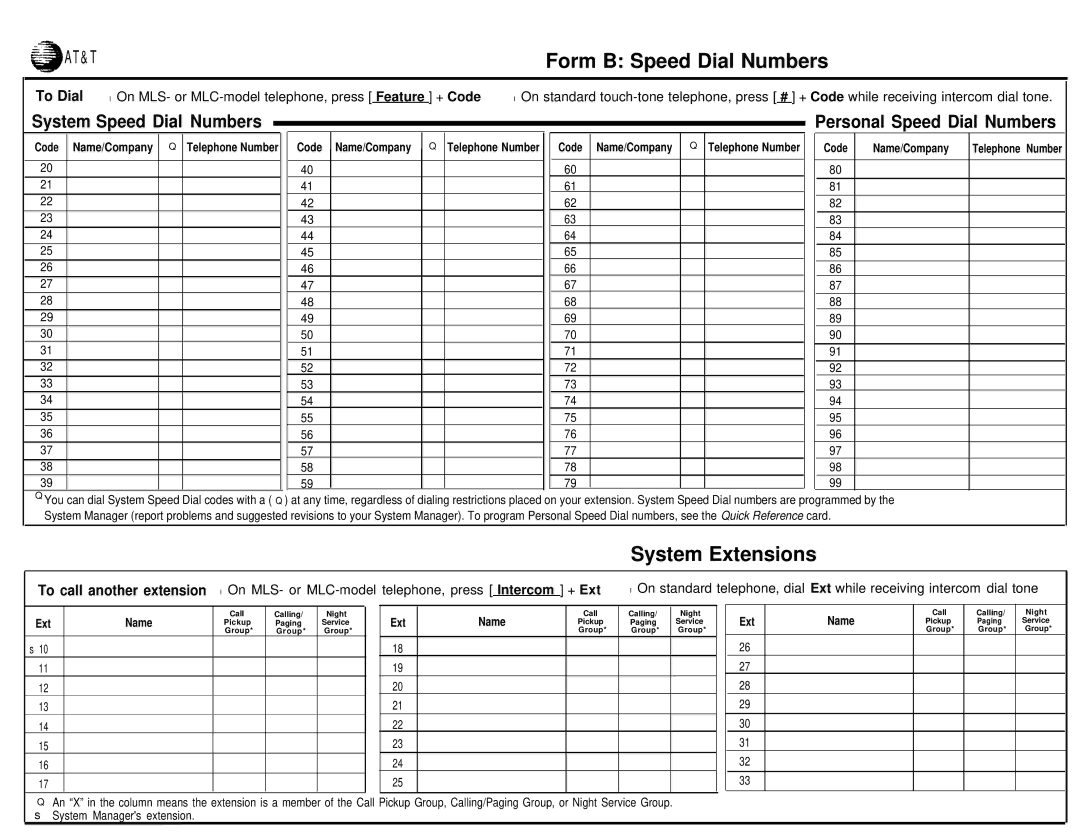 AT&T partner plus communications system manual Form B Speed Dial Numbers, System Speed Dial Numbers 