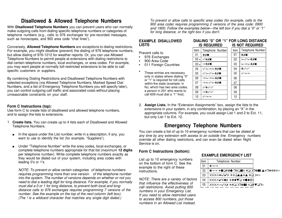 AT&T partner plus communications system manual Disallowed & Allowed Telephone Numbers, Emergency Telephone Numbers 