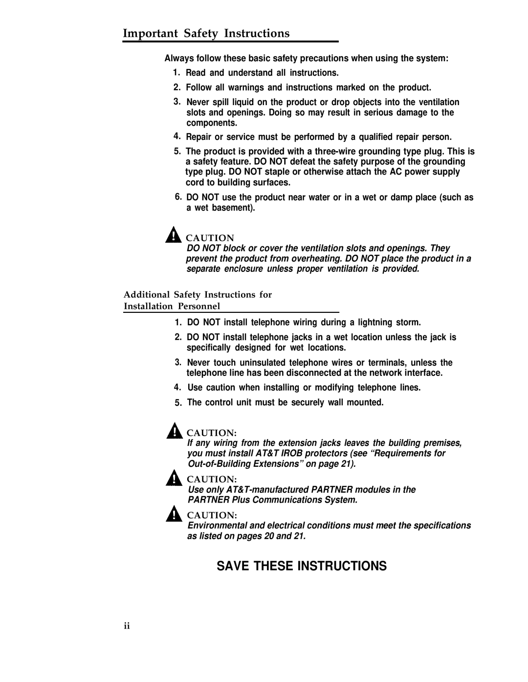 AT&T Partner Plus manual Important Safety Instructions, Additional Safety Instructions for Installation Personnel 