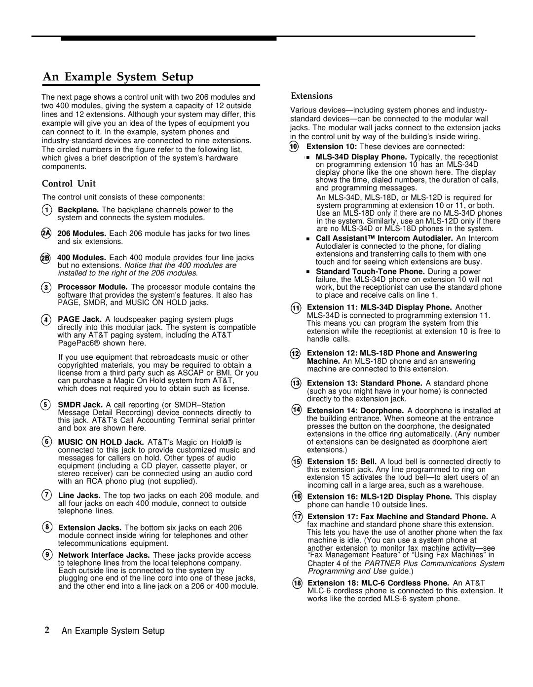 AT&T Partner Plus manual An Example System Setup, Control Unit, Extensions 