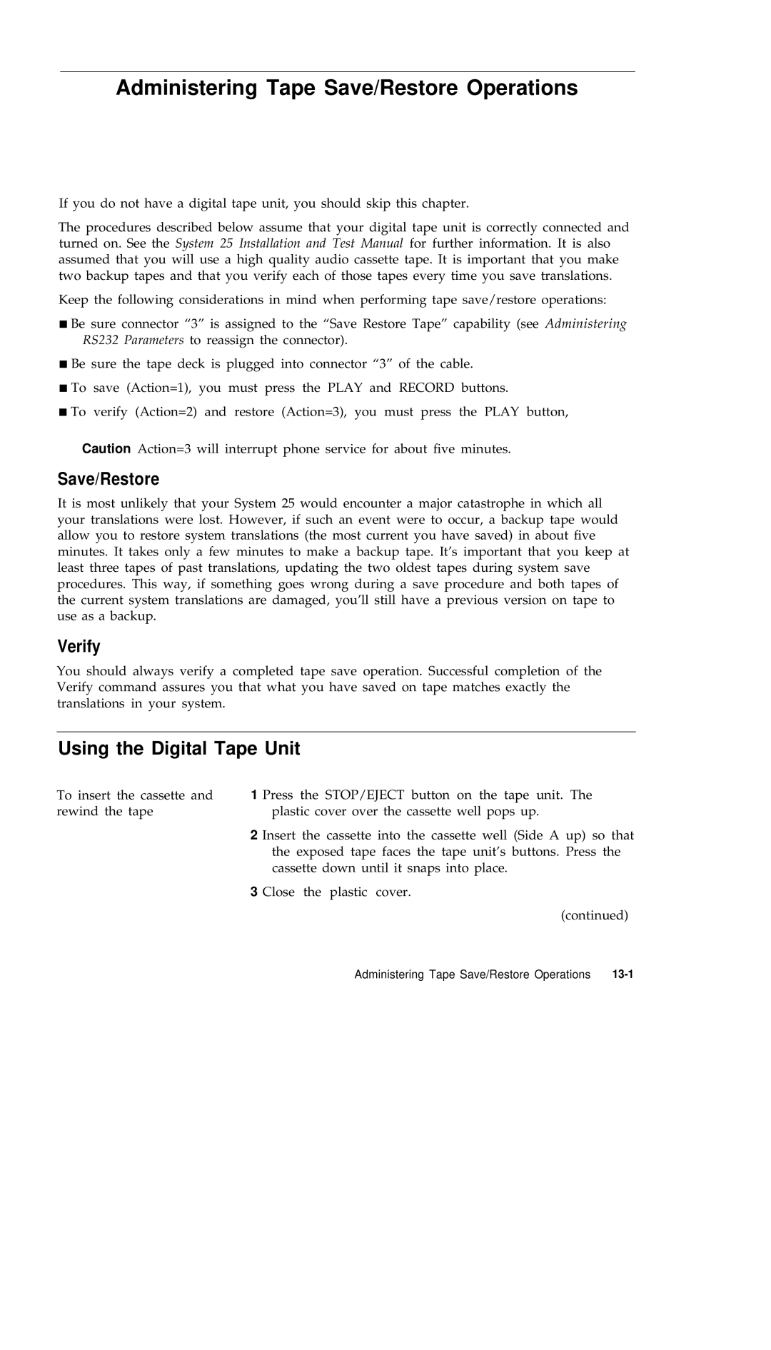 AT&T R1V2 manual Administering Tape Save/Restore Operations, Using the Digital Tape Unit, Verify 