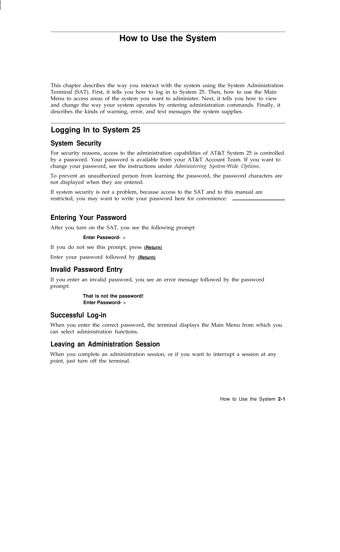 AT&T R1V2 manual How to Use the System, Logging In to System 