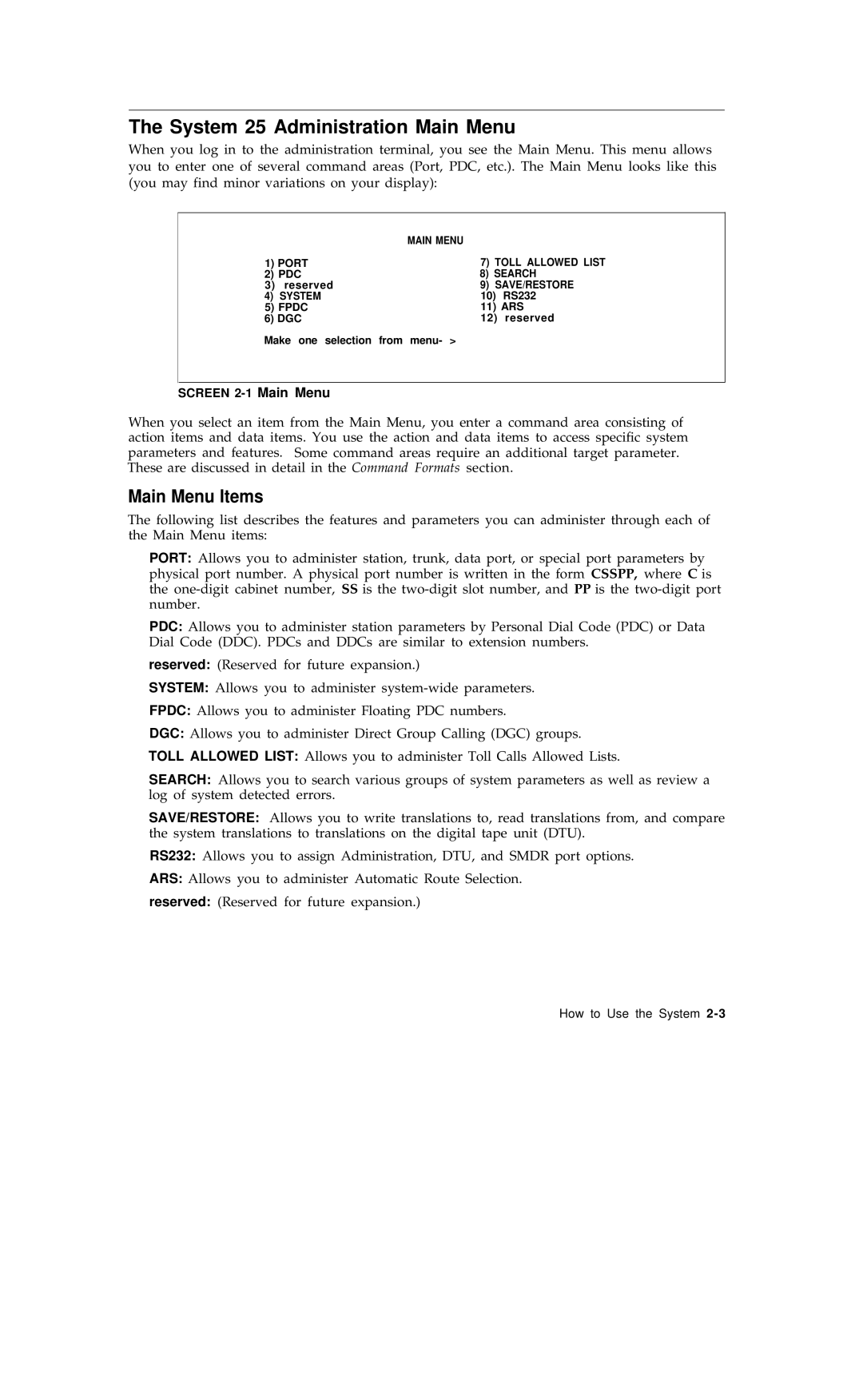 AT&T R1V2 manual System 25 Administration Main Menu, Main Menu Items 