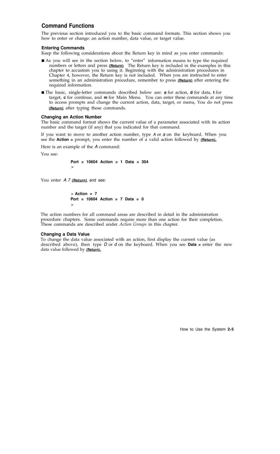 AT&T R1V2 manual Command Functions, Entering Commands, Changing an Action Number, Changing a Data Value 