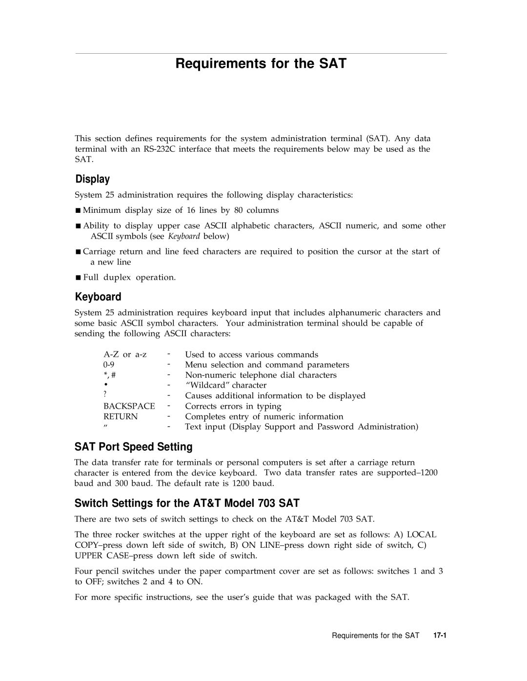 AT&T R1V2 Requirements for the SAT, Display, Keyboard, SAT Port Speed Setting, Switch Settings for the AT&T Model 703 SAT 