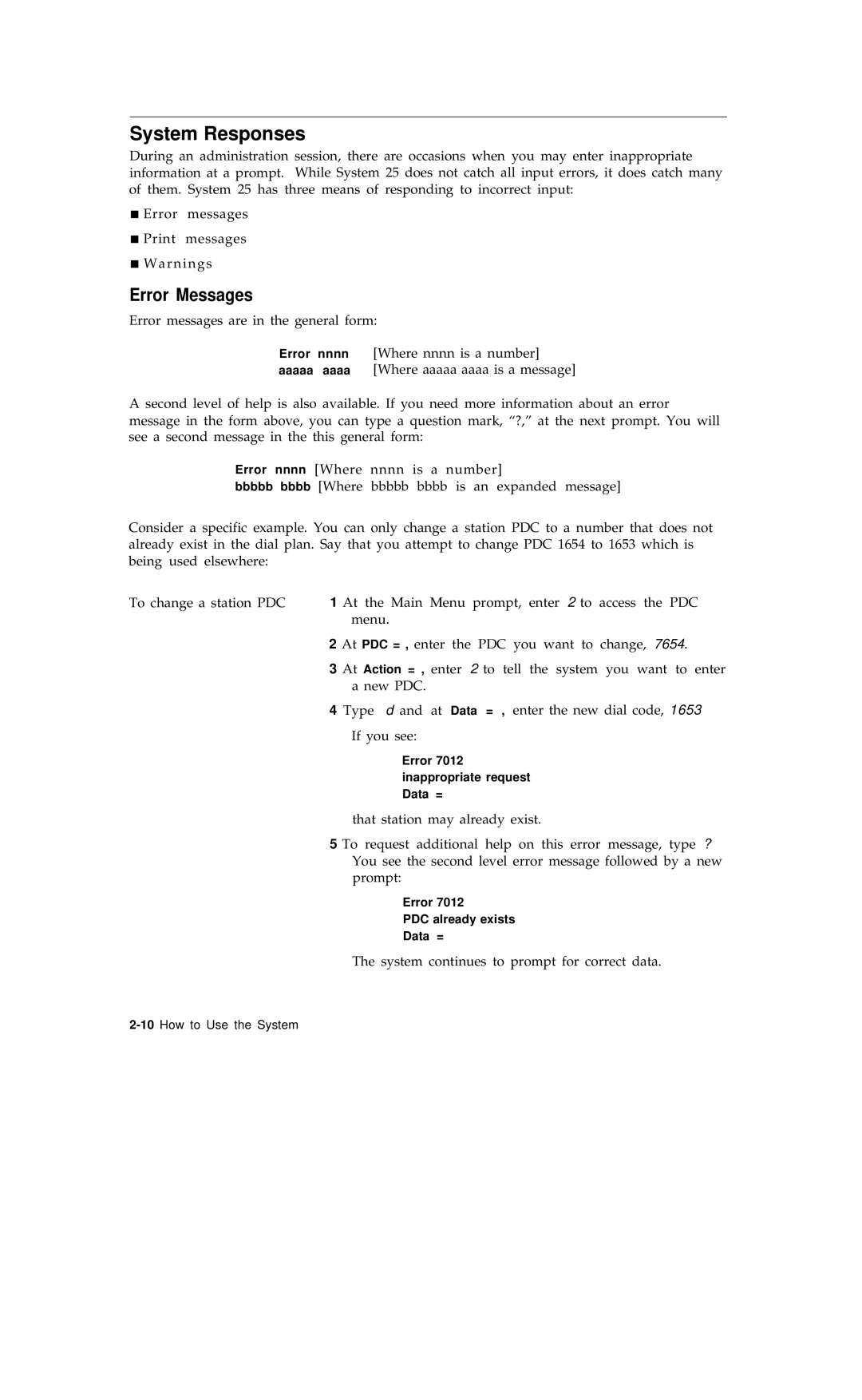 AT&T R1V2 manual System Responses, Error Messages 