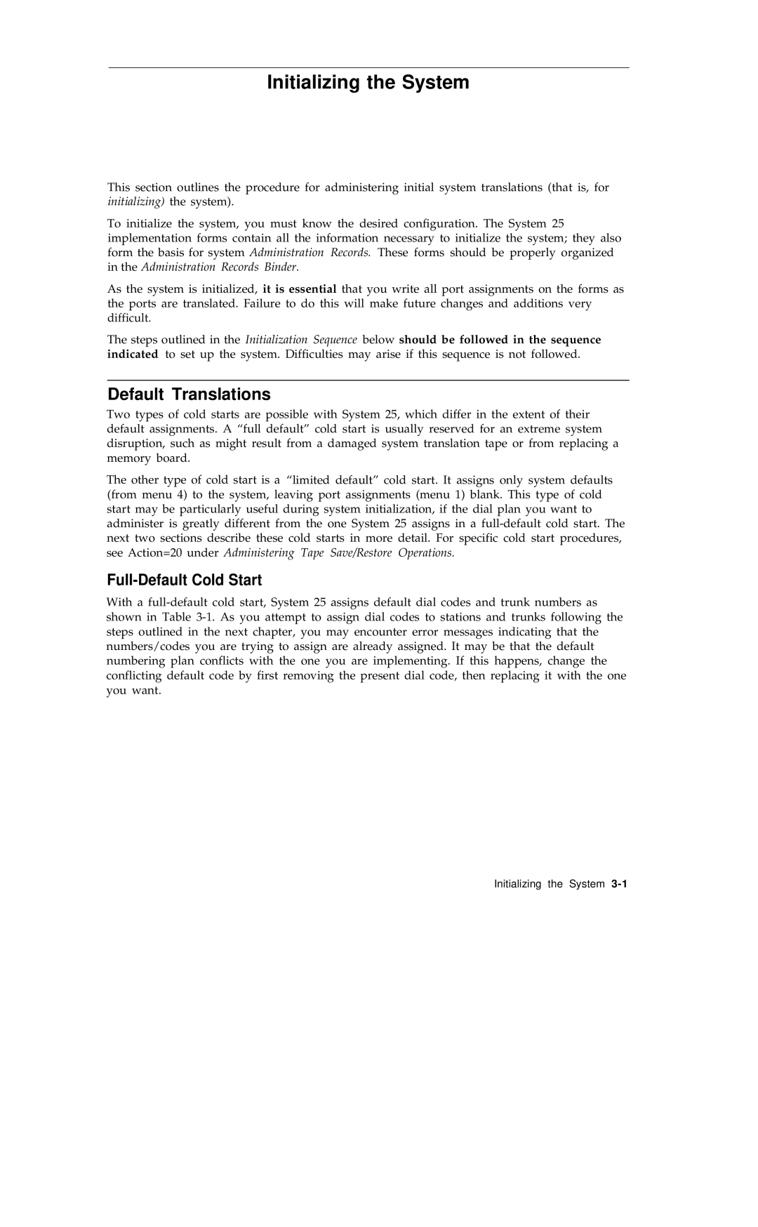 AT&T R1V2 manual Initializing the System, Default Translations, Full-Default Cold Start 