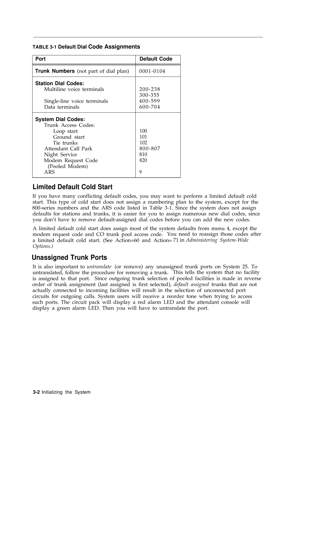 AT&T R1V2 Limited Default Cold Start, Unassigned Trunk Ports, Port Default Code, Station Dial Codes, System Dial Codes 