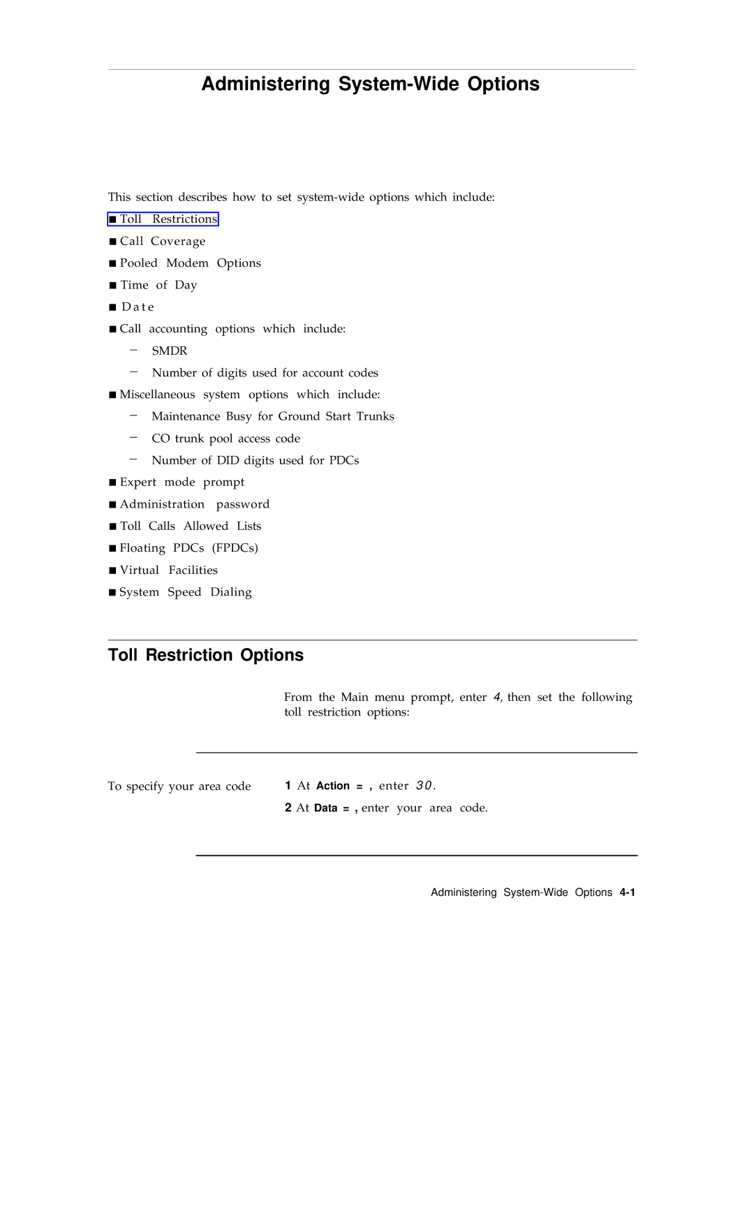 AT&T R1V2 manual Administering System-Wide Options, Toll Restriction Options, Smdr 