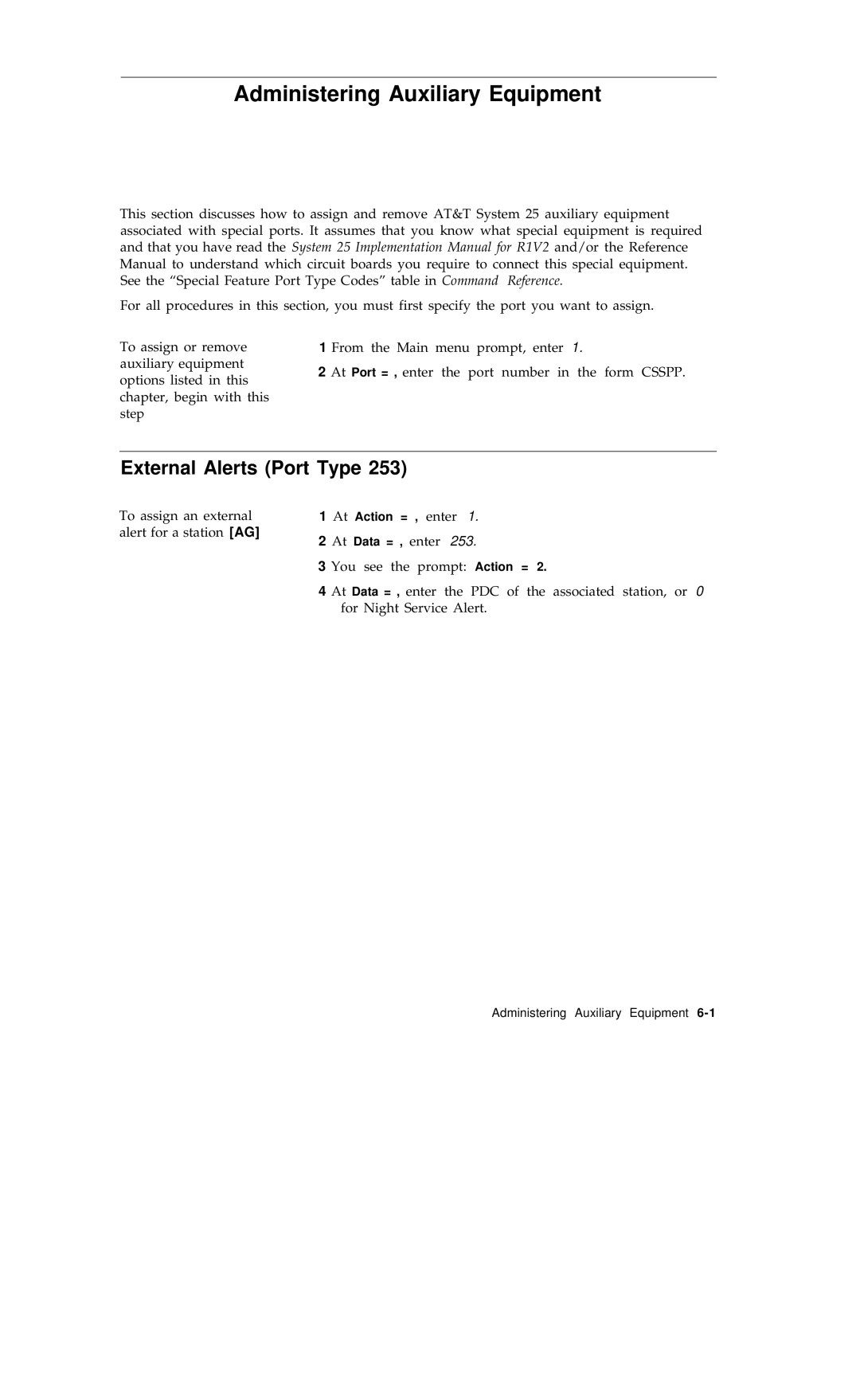 AT&T R1V2 manual Administering Auxiliary Equipment, External Alerts Port Type 