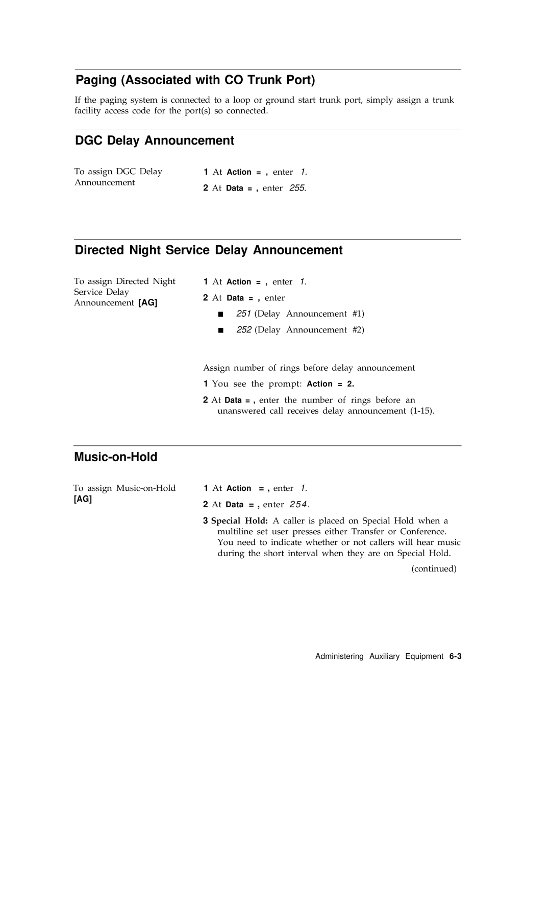 AT&T R1V2 manual Paging Associated with CO Trunk Port, DGC Delay Announcement, Directed Night Service Delay Announcement 