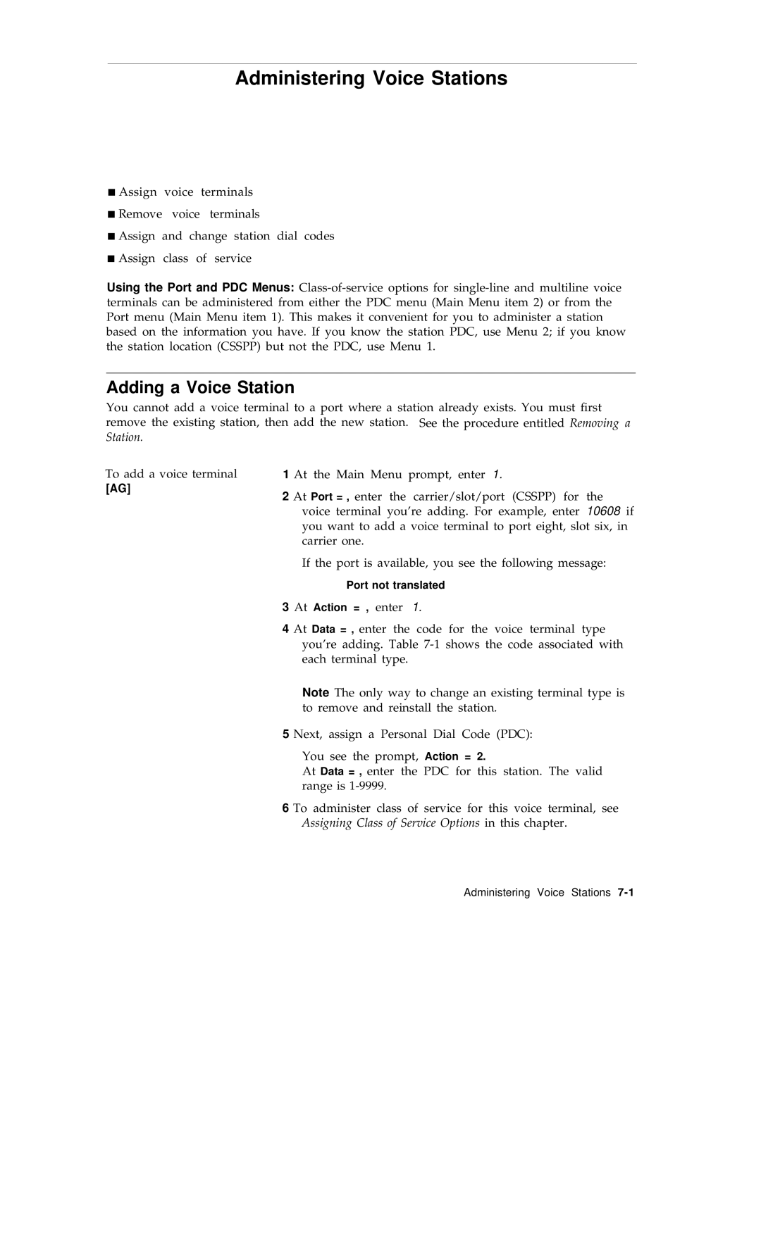 AT&T R1V2 manual Administering Voice Stations, Adding a Voice Station 