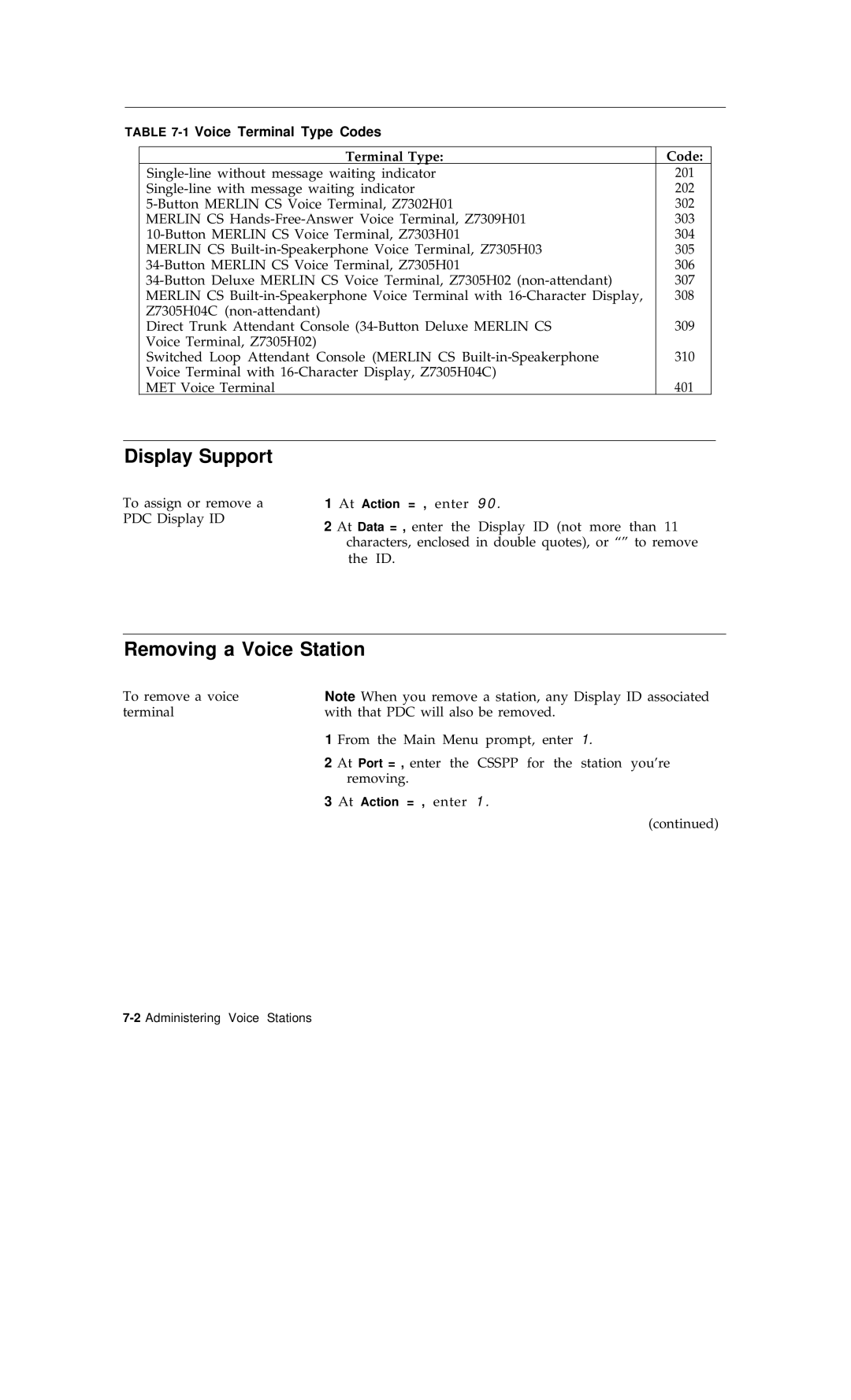 AT&T R1V2 manual Display Support, Removing a Voice Station, 1Voice Terminal Type Codes 